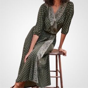 Like New Garnet Hill Wrap Dress Green Floral Batwing Sleeve Maxi Dress Medium